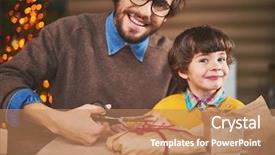  Presentation with father son and looking - Presentation theme with camera while packing xmas gift background and a coral colored foreground