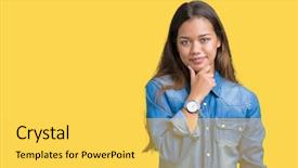  Presentation with arabian woman wearing hijab muslim - Beautiful presentation design featuring camera with smile with cross backdrop and a  colored foreground