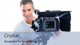  Presentation with old wite man and his music - PPT theme enhanced with cameraman - handsome man with camcorder isolated background and a light blue colored foreground