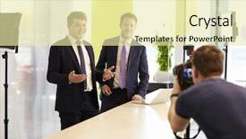  Presentation with cultural diversity corporate - Beautiful PPT theme featuring cameraman and two businessmen making backdrop and a blonde colored foreground