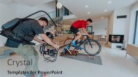  Presentation with living room - Slide deck enhanced with cameraman-filming-an-athlete-riding background and a light gray colored foreground