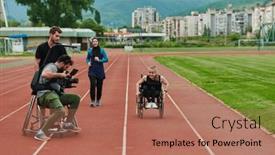  Presentation with course - Presentation theme with cameraman-filming-the-participants background and a coral colored foreground