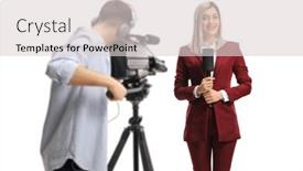  Presentation with recording - Amazing PPT theme having cameraman-recording-a-female-reporter backdrop and a light gray colored foreground