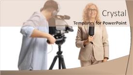  Presentation with recording - Presentation theme consisting of cameraman-recording-a-female-reporter background and a coral colored foreground