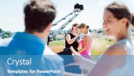  Presentation with video production - Audience pleasing slide set consisting of cameraman with camera on a crane on video production set while model is in make-up backdrop and a teal colored foreground