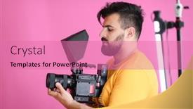  Presentation with equipment - Theme featuring cameraman-with-professional-equipment-shoots background and a coral colored foreground