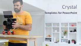  Presentation with video - Colorful presentation design enhanced with cameraman-with-professional-equipment-shoots backdrop and a sky blue colored foreground