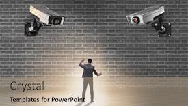  Presentation with cameras - Colorful slide set enhanced with cameras-wathing-man-in-spying backdrop and a mint green colored foreground