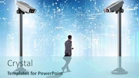  Presentation with cameras - Audience pleasing PPT theme consisting of cameras-wathing-man-in-spying backdrop and a sky blue colored foreground