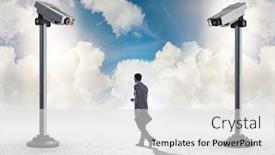  Presentation with cameras - Presentation theme enhanced with cameras-wathing-man-in-spying background and a light gray colored foreground