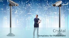  Presentation with cameras - Presentation theme with cameras-wathing-man-in-spying background and a sky blue colored foreground