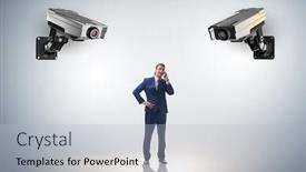  Presentation with cameras - Presentation design having cameras-wathing-man-in-spying background and a light gray colored foreground