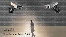  Presentation with cameras - PPT theme featuring cameras-wathing-man-in-spying background and a coral colored foreground