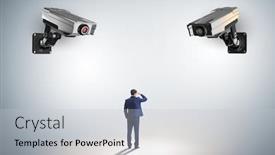  Presentation with cameras - Presentation theme enhanced with cameras-wathing-man-in-spying background and a light gray colored foreground