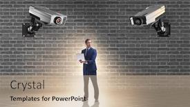  Presentation with cameras - PPT theme having cameras-wathing-man-in-spying background and a coral colored foreground