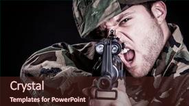  Presentation with shooting gun - Presentation design consisting of camo - american marine soldier shooting gun background and a wine colored foreground