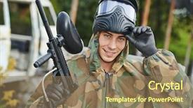  Presentation with sport - PPT theme featuring camo - happy paintball sport player man background and a coral colored foreground