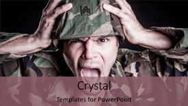  Presentation with military leadership - PPT layouts with camo - scared military man holding helmet background and a violet colored foreground