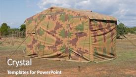  Presentation with tent - Audience pleasing PPT theme consisting of camoflage background - camo military tent backdrop and a coral colored foreground