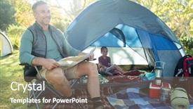  Presentation with map - PPT theme having camp chair - smiling man reading the map background and a  colored foreground