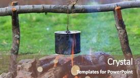  Presentation with campfire - Slide set with scouts camping - smoked tourist kettle over campfire background and a tawny brown colored foreground