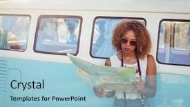  Presentation with campervan - Amazing PPT theme having campervan and looking at map backdrop and a light blue colored foreground