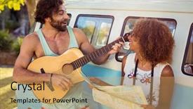  Presentation with campervan - PPT layouts featuring campervan and woman holding map background and a coral colored foreground