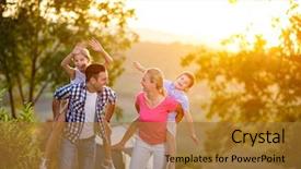  Presentation with family dreams of vacation - Slide set consisting of campfire - happy family on vacation playing background and a gold colored foreground