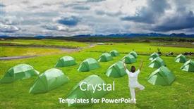  Presentation with athletes - Amazing slide set having campground athletes green tent on a grassy lawn the woman in white clothes performs asana tree backdrop and a tawny brown colored foreground