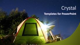  Presentation with starry night - Beautiful PPT theme featuring camping at night tent with chairs and a car in background campering under starry sky backdrop and a navy blue colored foreground