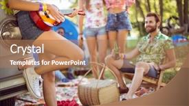  Presentation with music festival - Audience pleasing PPT theme consisting of camping car - hipsters having fun in their backdrop and a coral colored foreground