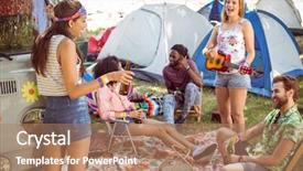  Presentation with festival music - PPT theme with camping car - hipsters having fun in their background and a coral colored foreground