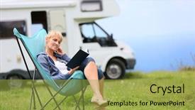  Presentation with camping - Theme consisting of camping car - senior woman reading book camper background and a yellow colored foreground