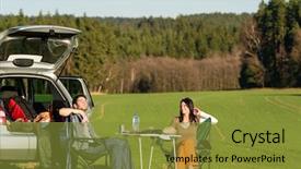  Presentation with young happy couple - Presentation consisting of camping car happy young couple background and a gold colored foreground