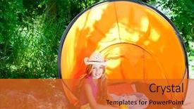  Presentation with tent - Beautiful slides featuring camping children girl with hat in forest tent outdoor drinking yellow glass backdrop and a gold colored foreground