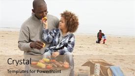  Presentation with camping - Theme enhanced with food cooking camping - young family enjoying barbeque background and a coral colored foreground