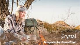  Presentation with hiking - PPT layouts consisting of food cooking camping - young hiking woman with backpack background and a coral colored foreground