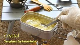  Presentation with camping - Colorful PPT layouts enhanced with camping-cooking-boiling-pasta backdrop and a tawny brown colored foreground