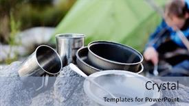  Presentation with utensils - PPT theme consisting of camping cooking gear pots background and a light blue colored foreground