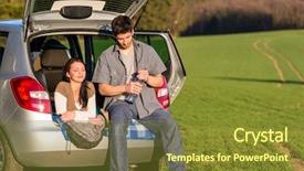  Presentation with automotive interior inside car - Audience pleasing presentation theme consisting of camping couple lying inside car backdrop and a tawny brown colored foreground