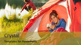  Presentation with rv camping - PPT theme enhanced with camping girl sitting in tent background and a  colored foreground