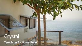  Presentation with caravan - Slide deck with camping ground on mediterranean seaside background and a violet colored foreground