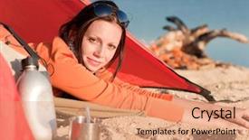 Presentation with campfire - Audience pleasing PPT theme consisting of woman relax lying in tent backdrop and a coral colored foreground
