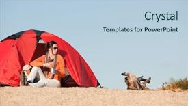  Presentation with campfire - Colorful theme enhanced with happy woman sitting by campfire backdrop and a light blue colored foreground