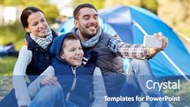  Presentation with campsite - Audience pleasing presentation design consisting of camping hike technology and people backdrop and a ocean colored foreground