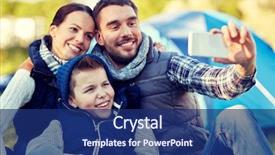  Presentation with campsite - Amazing PPT theme having camping hike technology and people concept - happy family with smartphone taking selfie at campsite backdrop and a navy blue colored foreground