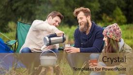  Presentation with travel friends - PPT theme enhanced with camping lake - adventure travel tourism and people background and a coral colored foreground