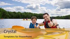  Presentation with kayaking - Slides enhanced with camping lake - father and son enjoying kayaking background and a yellow colored foreground