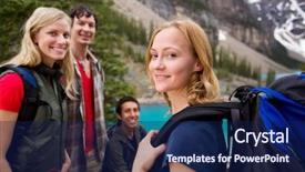  Presentation with mountain hiking - Amazing slide deck having camping lake - group of friends hiking backdrop and a navy blue colored foreground