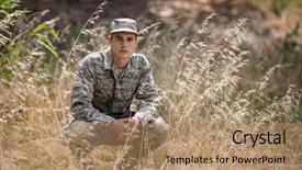  Presentation with military - PPT theme having camping safety - portrait of military soldier crouching background and a coral colored foreground
